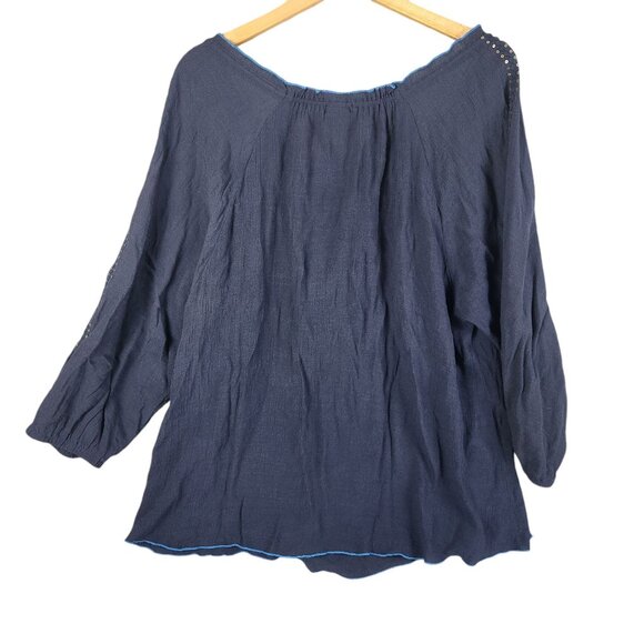 Cocomo Woman Navy Blue Embroidered Peasant Blouse 2X 3/4 Sleeves Gauze - Picture 3 of 5